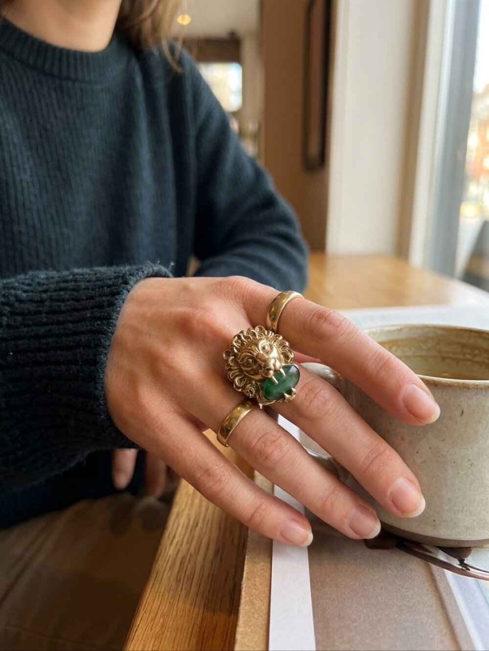 Gucci Gold-Tone Lion Head Ring with Green Crystal Cabochon Size L Unisex